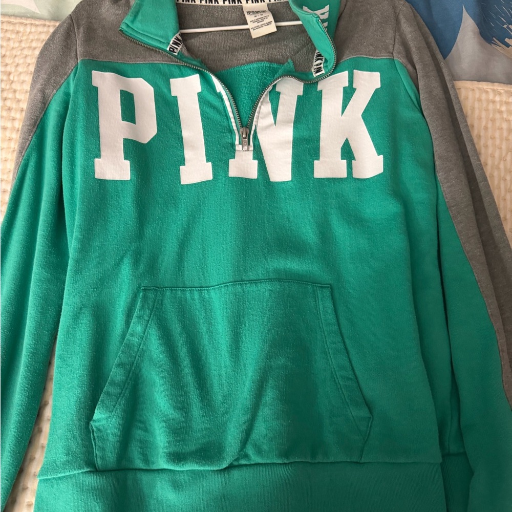 PINK Victoria's Secret Teal and Gray Quarter-Zip Pullover medium